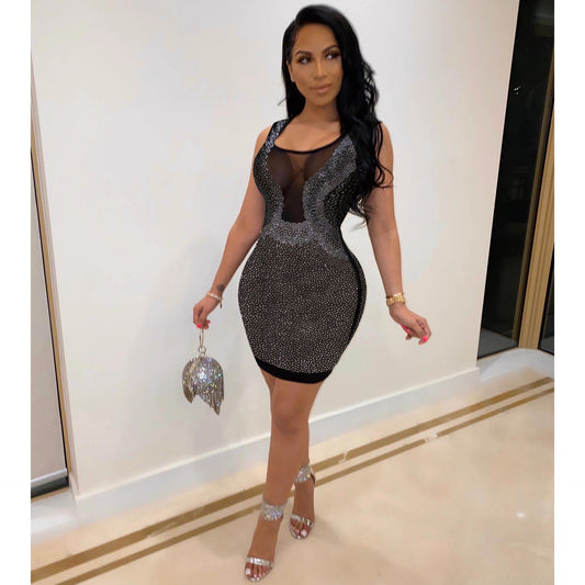 Sexy Slim-Fit Rhinestone See-through Dress Nightclub Uniforms
