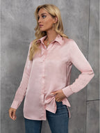 Camisa elegante de satén de manga larga para primavera y verano, color liso, holgada, de seda sintética, top de satén de manga larga.