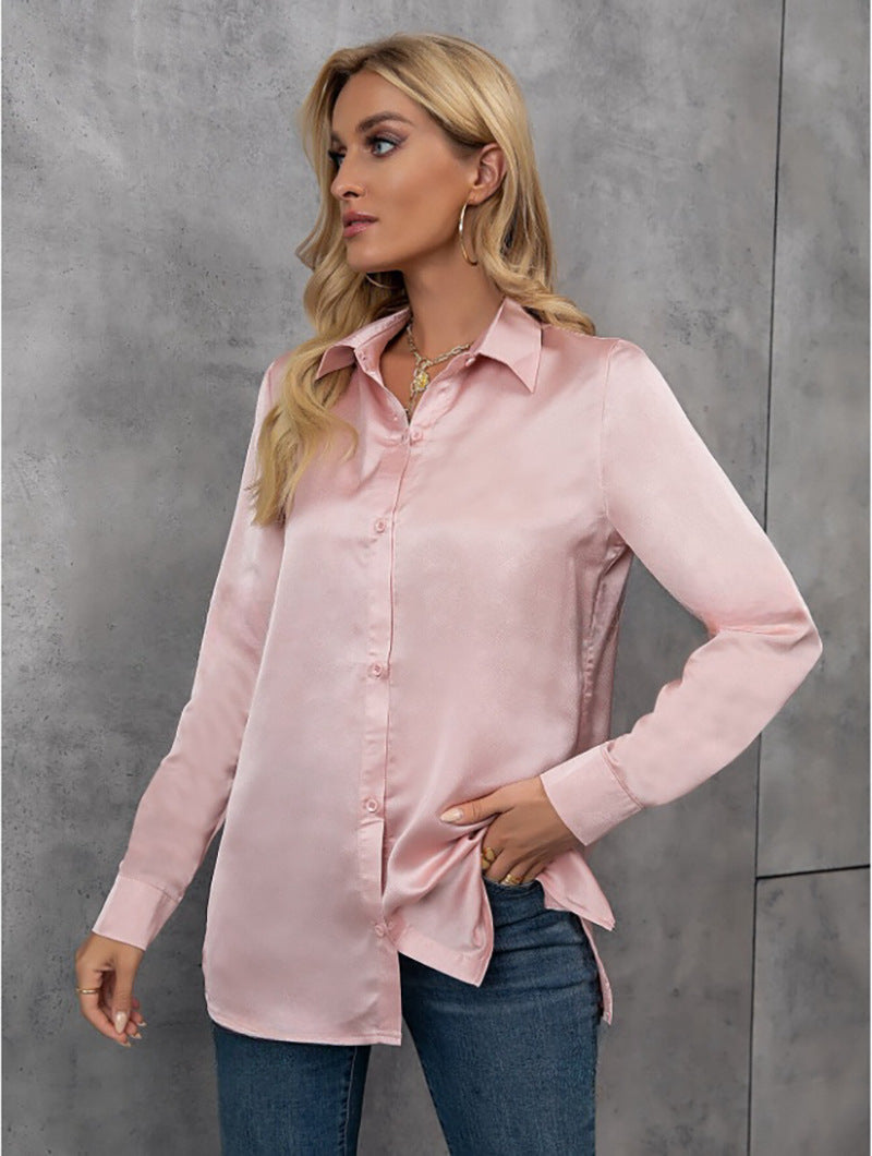 Camisa elegante de satén de manga larga para primavera y verano, color liso, holgada, de seda sintética, top de satén de manga larga.