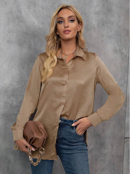 Elegant Satin Long Sleeved Shirt Spring Summer Solid Color Loose Faux Silk Shirt Long Sleeved Satin Top