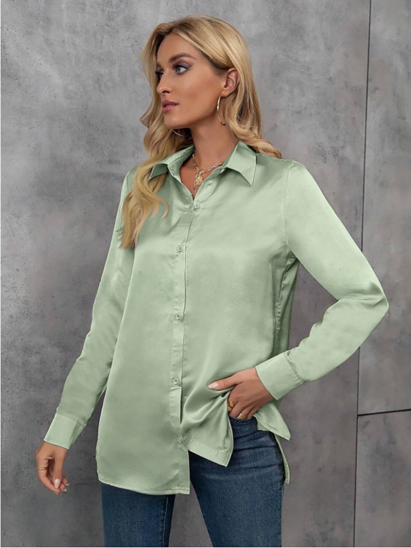 Elegant Satin Long Sleeved Shirt Spring Summer Solid Color Loose Faux Silk Shirt Long Sleeved Satin Top