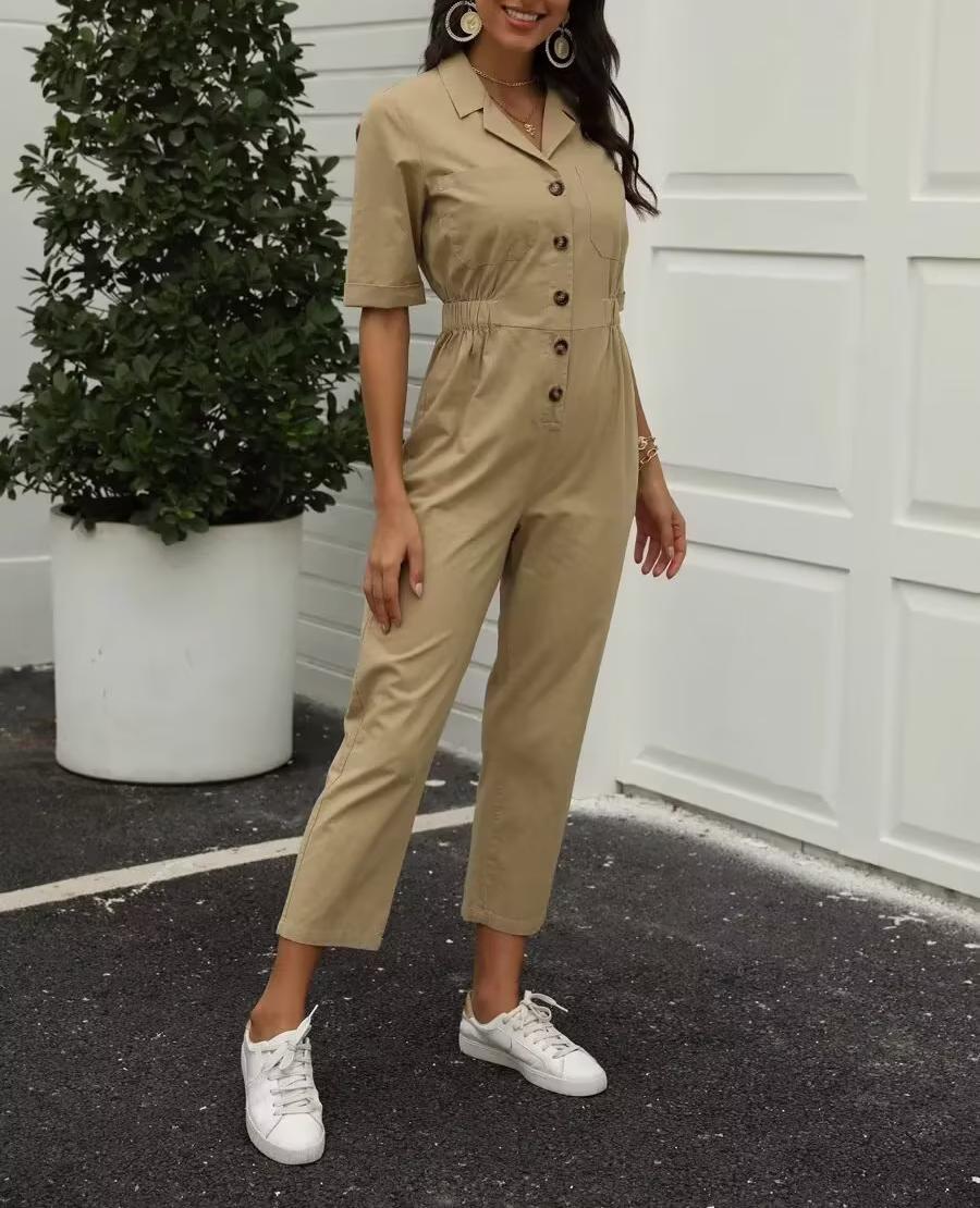 Pantalon une pièce en lin uni à manches courtes pour femme, printemps