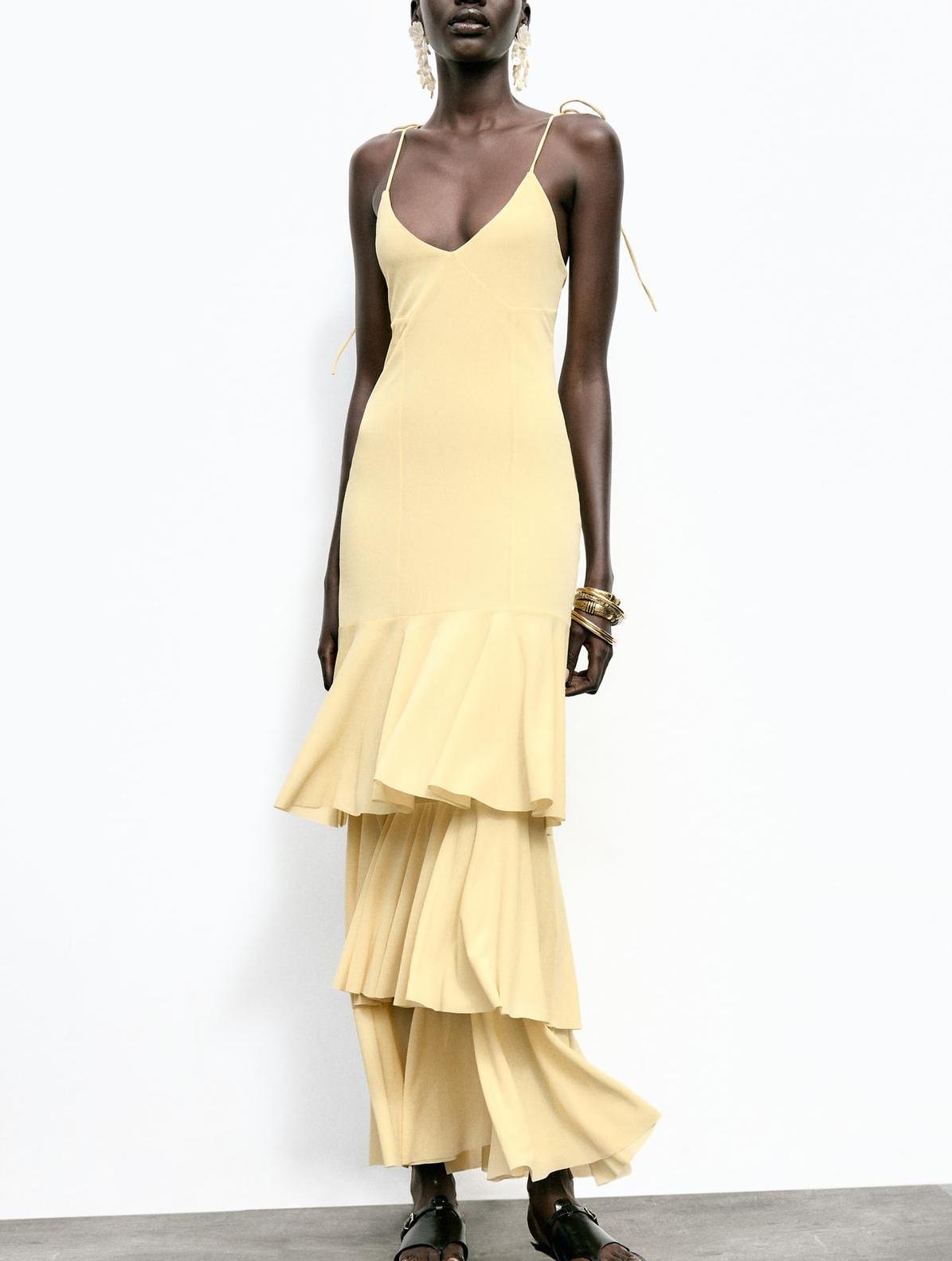 Slimming V Neckline Sexy Suspenders Backless Laminated Decoration Midi Dress DaRoca