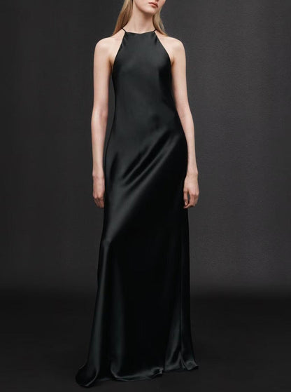 Summer Women Clothing Minimalist Elegance Sleeveless Slim round Neck Silk Satin Texture Midi Dress Shell