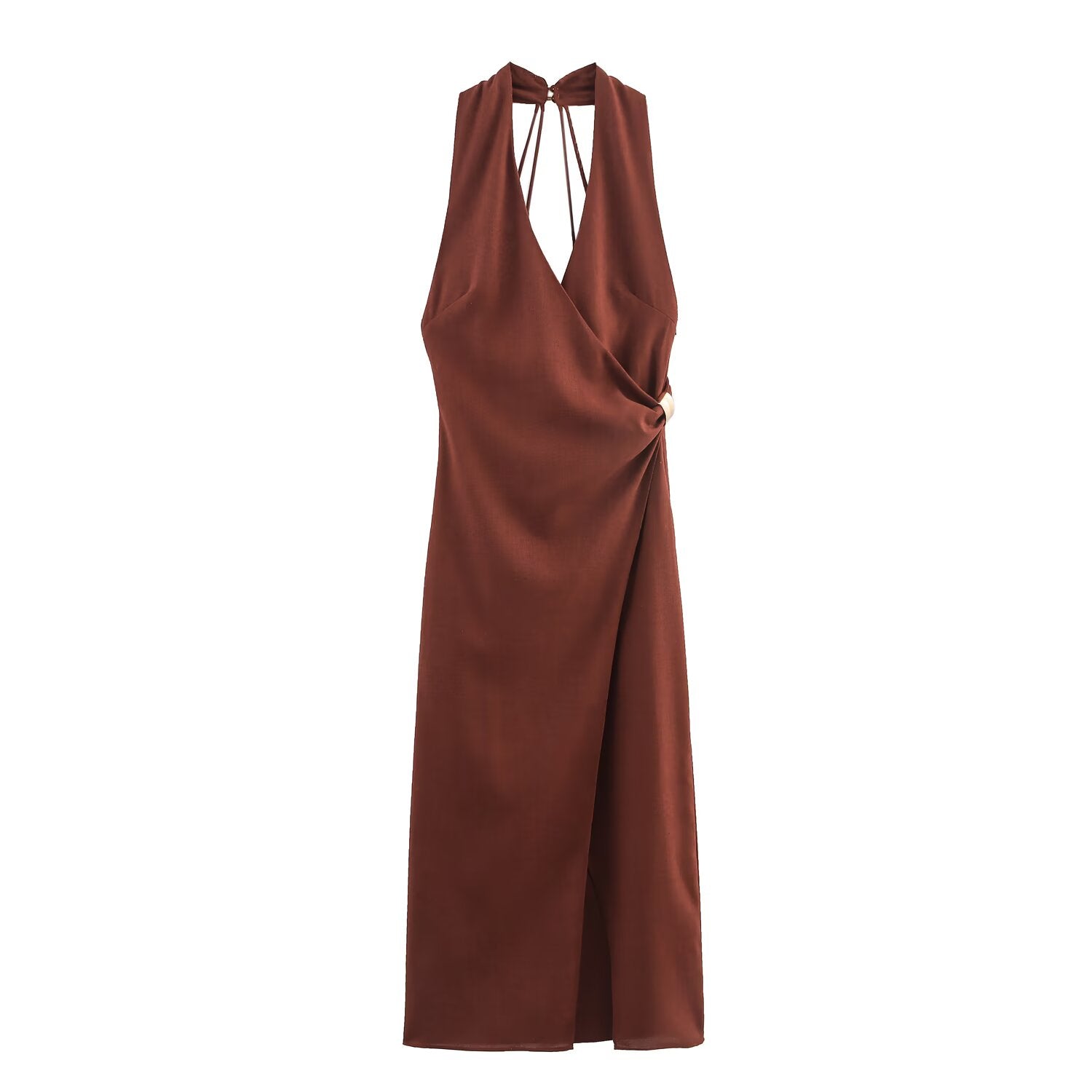 Women Linen Blended Gold Inlaid Midi Dress SenDa