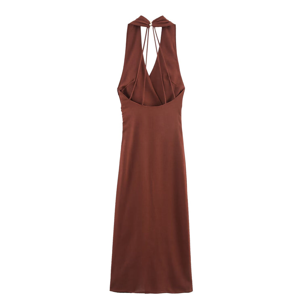 Women Linen Blended Gold Inlaid Midi Dress SenDa
