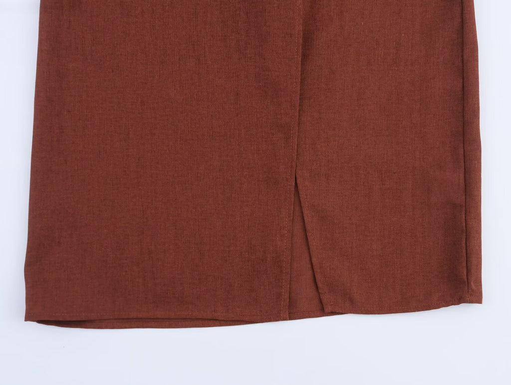 Women Linen Blended Gold Inlaid Midi Dress SenDa