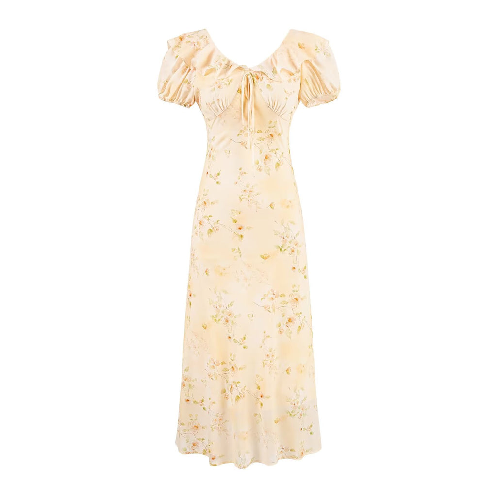 Sweet Printed Chic Puff Sleeve Chiffon Dress V neck Vacation Midi Dress PullWind