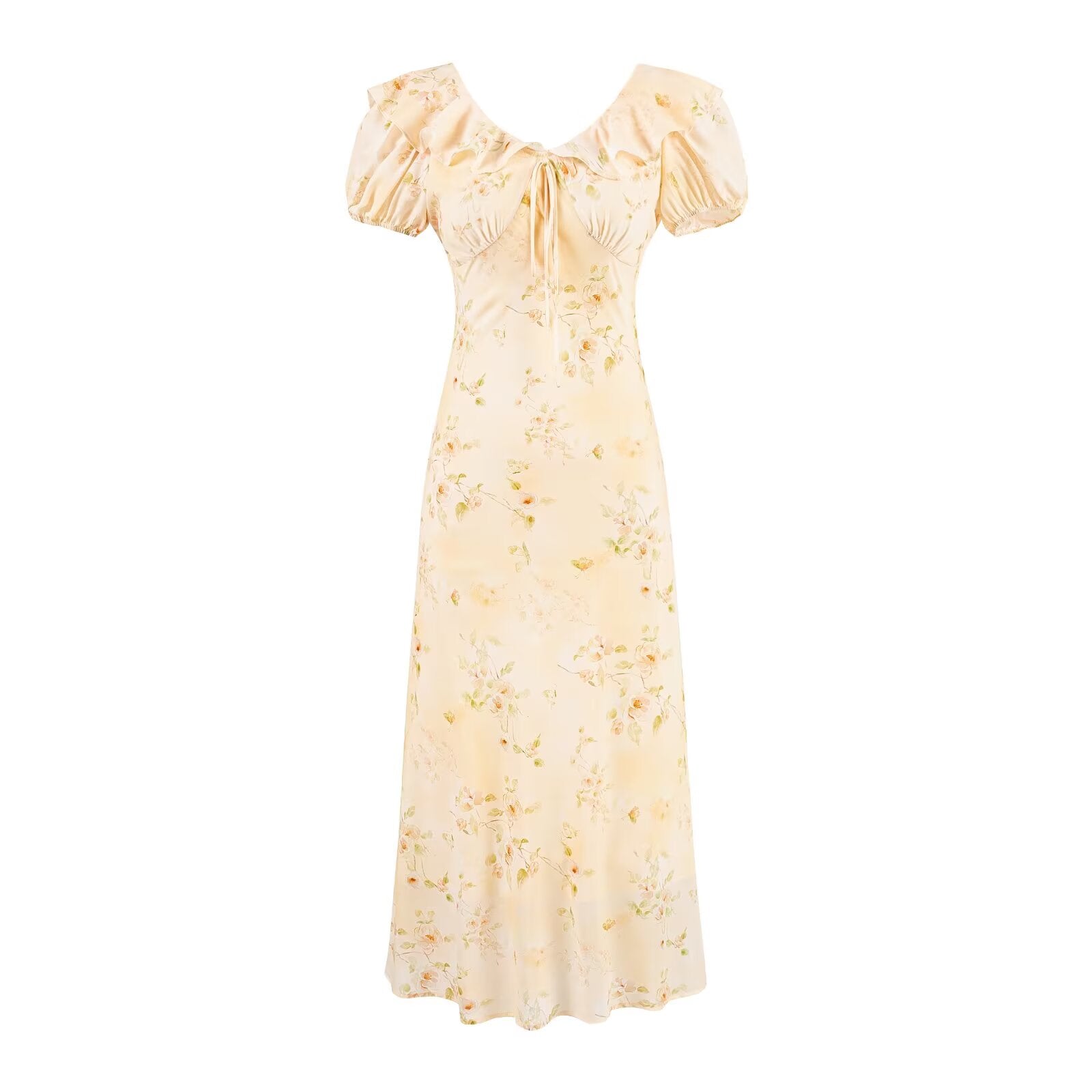 Sweet Printed Chic Puff Sleeve Chiffon Dress V neck Vacation Midi Dress PullWind