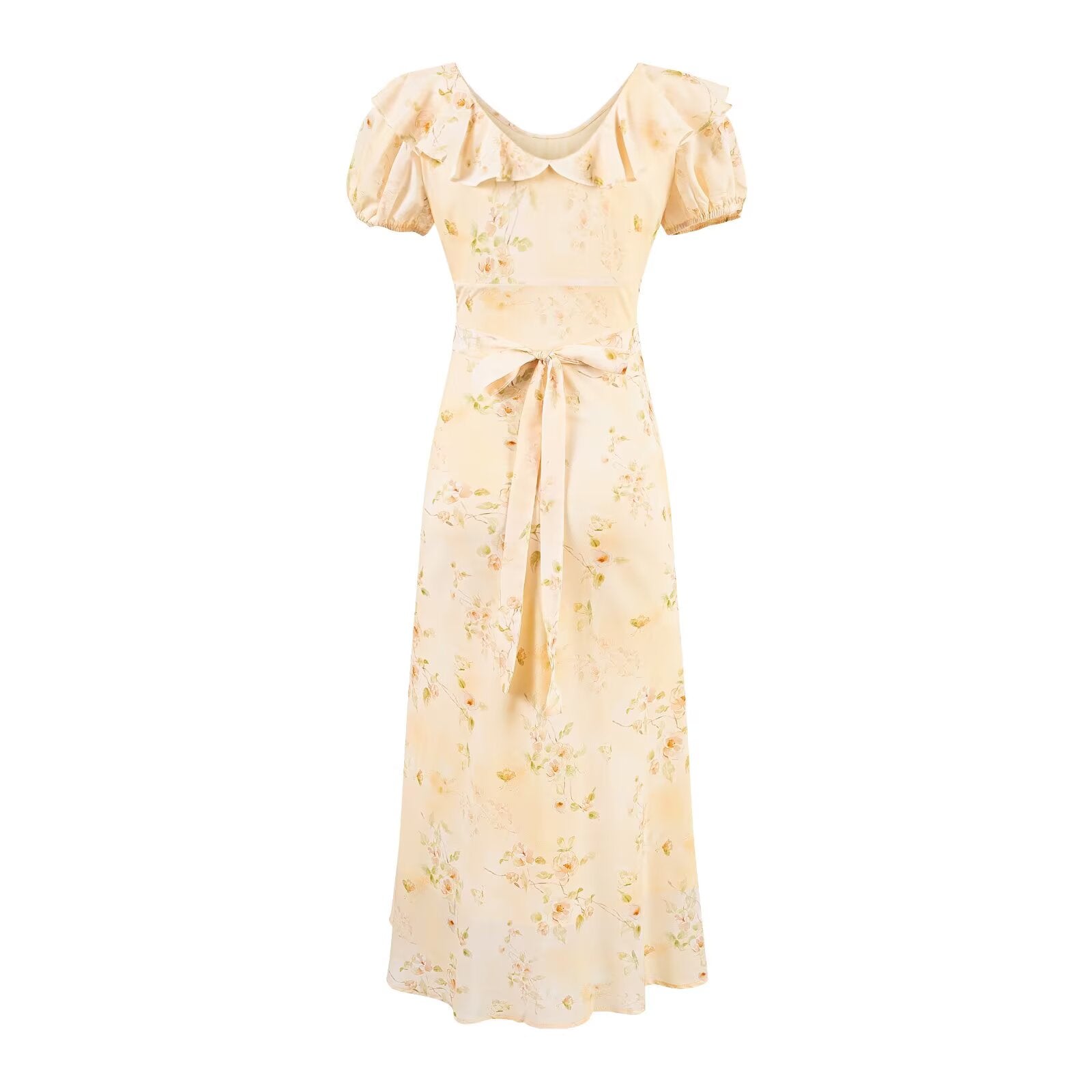 Sweet Printed Chic Puff Sleeve Chiffon Dress V neck Vacation Midi Dress PullWind