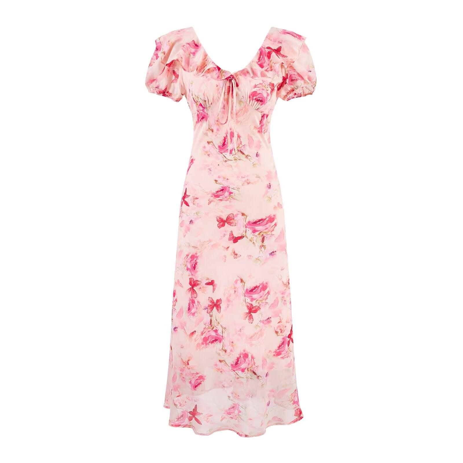 Sweet Printed Chic Puff Sleeve Chiffon Dress V neck Vacation Midi Dress PullWind