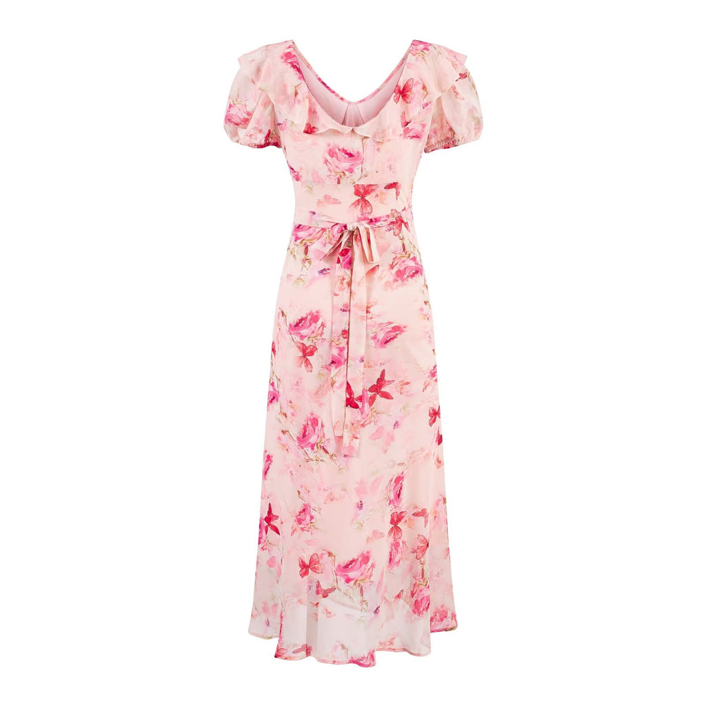 Sweet Printed Chic Puff Sleeve Chiffon Dress V neck Vacation Midi Dress PullWind