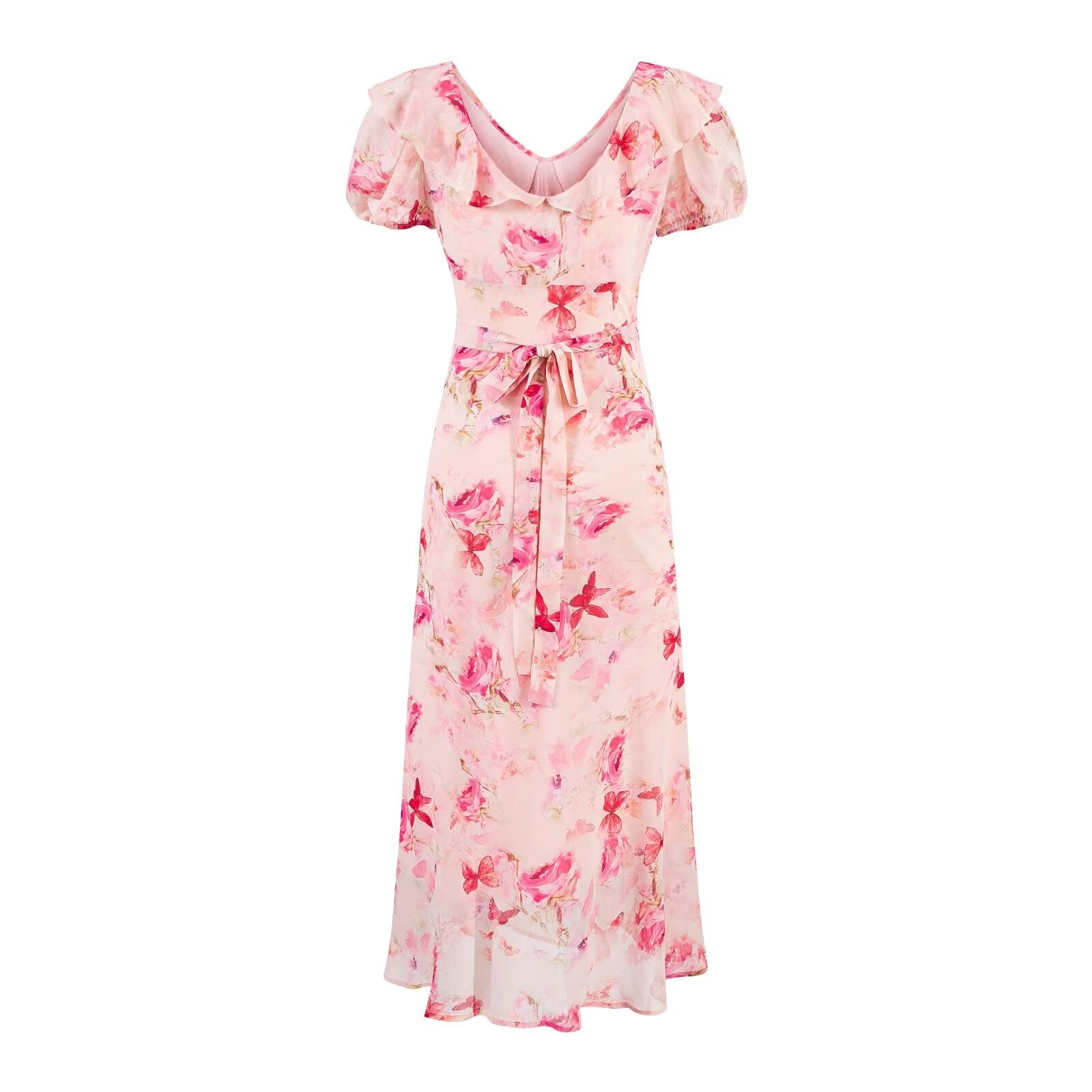 Sweet Printed Chic Puff Sleeve Chiffon Dress V neck Vacation Midi Dress PullWind