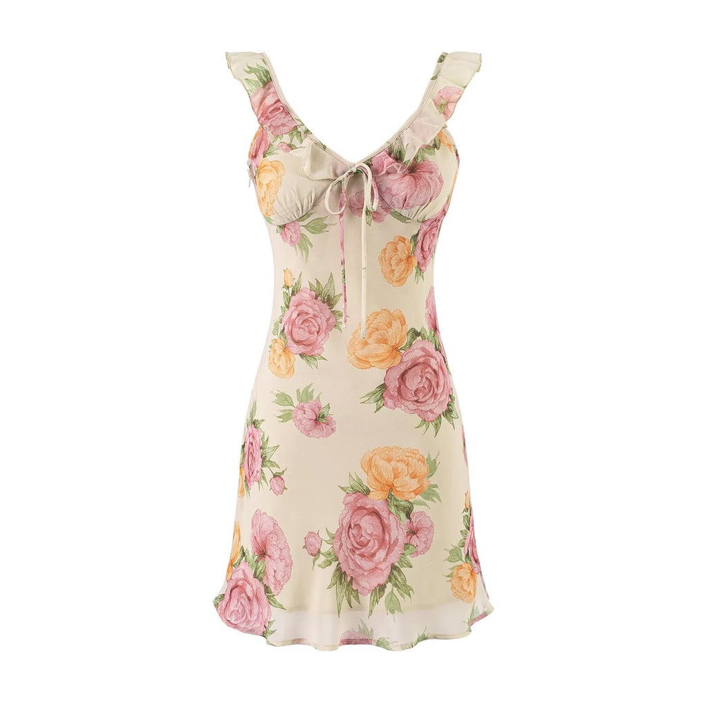 Sweet Printed Chic Ruffled Spaghetti Straps Dress V neck Sexy Backless Mini Dress PullWind