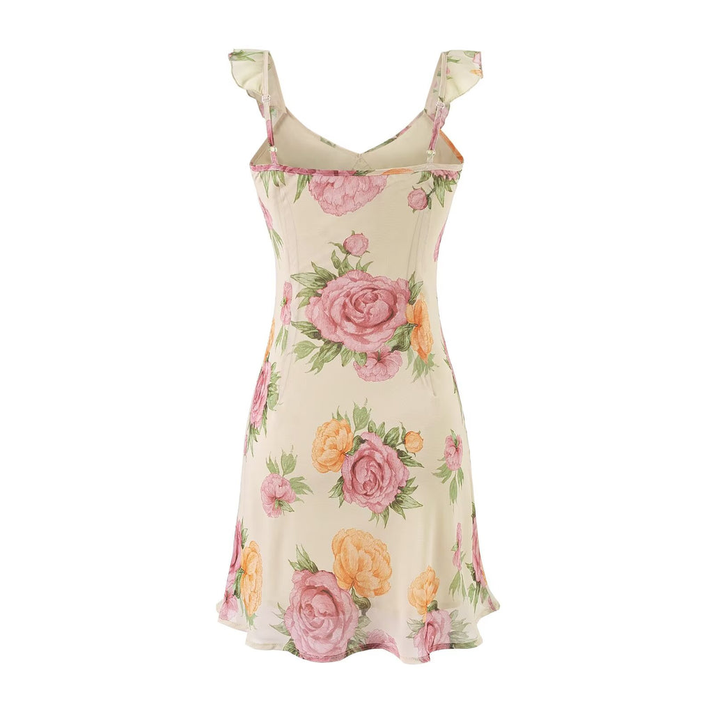Sweet Printed Chic Ruffled Spaghetti Straps Dress V neck Sexy Backless Mini Dress PullWind