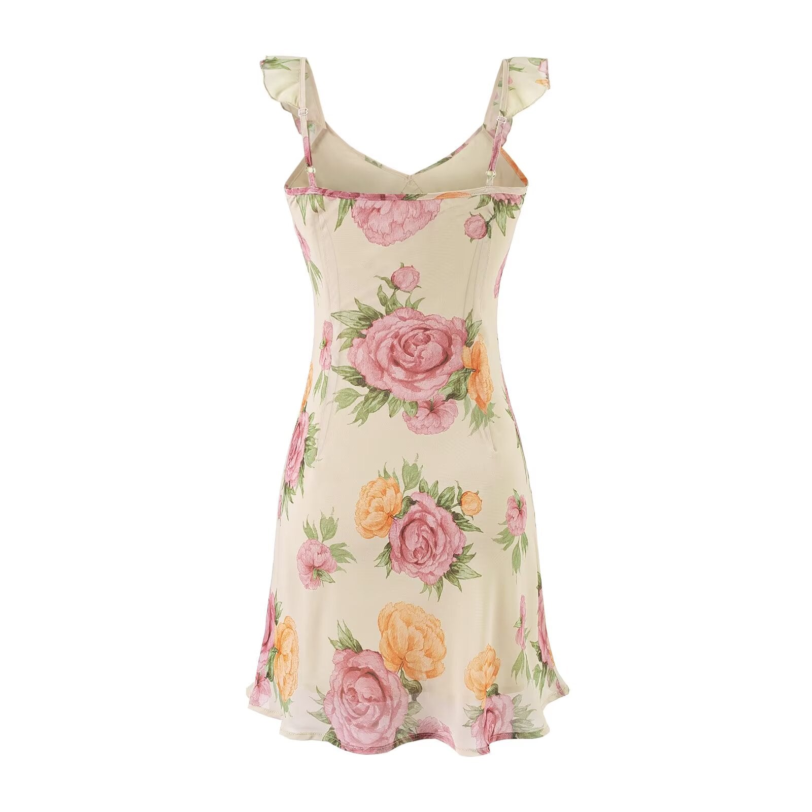 Sweet Printed Chic Ruffled Spaghetti Straps Dress V neck Sexy Backless Mini Dress PullWind