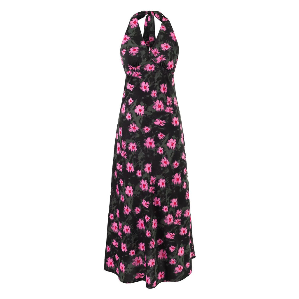 Sweet Printed Chic Sleeveless Backless Midi Dress Halter Retro Vacation Dress PullWind
