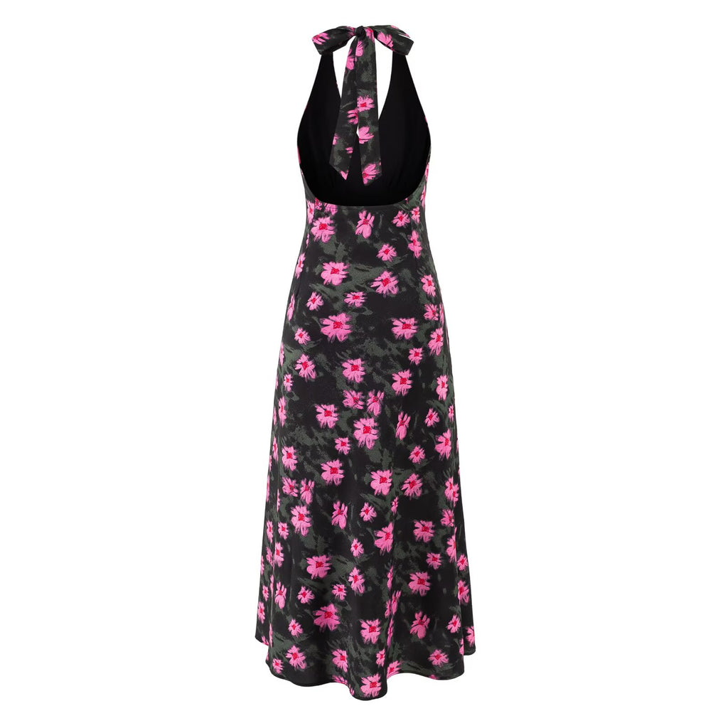 Sweet Printed Chic Sleeveless Backless Midi Dress Halter Retro Vacation Dress PullWind