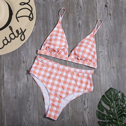 High Waist Plaid Bikini Split Swimsuit Sports Swimwear Bikini