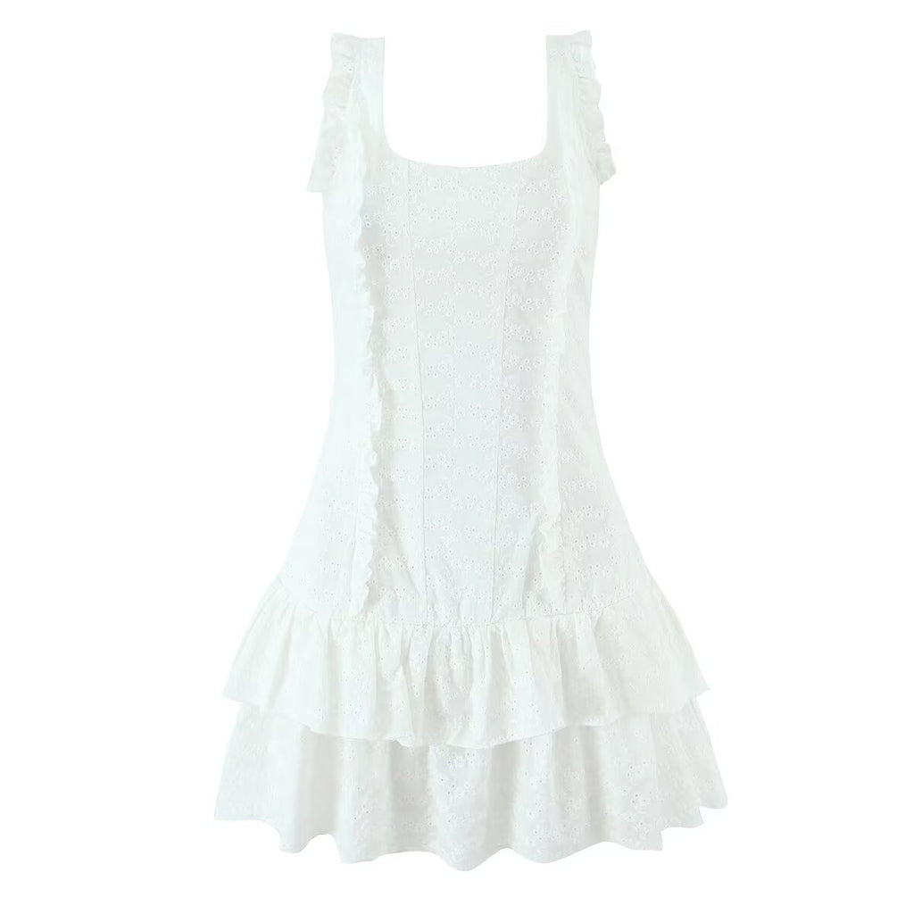 French Tight Fitting Cinched Slimming Lace Design Short Ruffled Sleeveless Mini Dress Aiostar