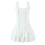 French Tight Fitting Cinched Slimming Lace Design Short Ruffled Sleeveless Mini Dress Aiostar