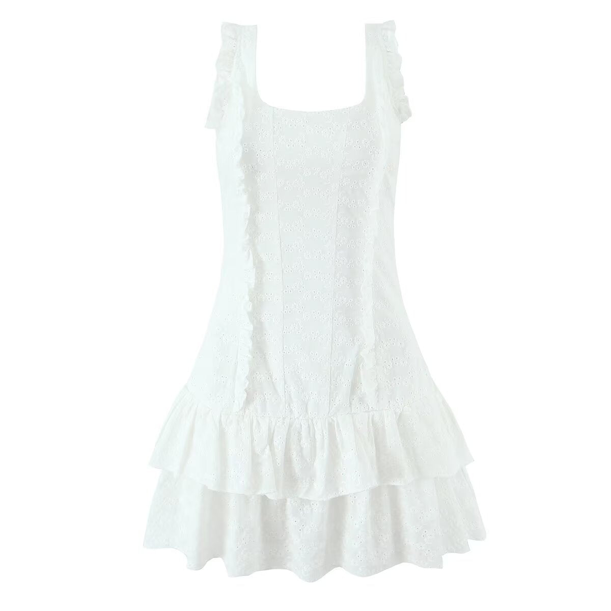 French Tight Fitting Cinched Slimming Lace Design Short Ruffled Sleeveless Mini Dress Aiostar