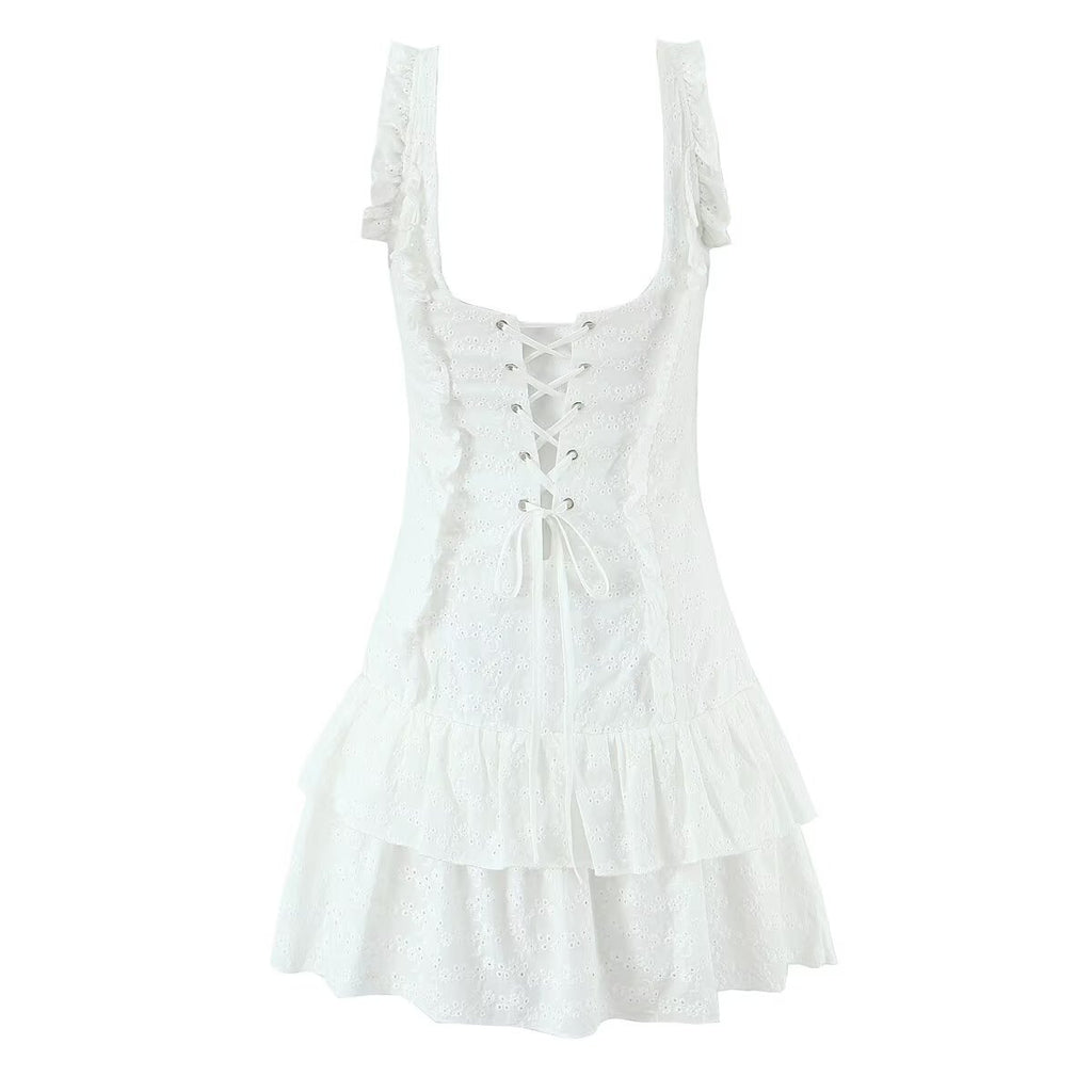 French Tight Fitting Cinched Slimming Lace Design Short Ruffled Sleeveless Mini Dress Aiostar