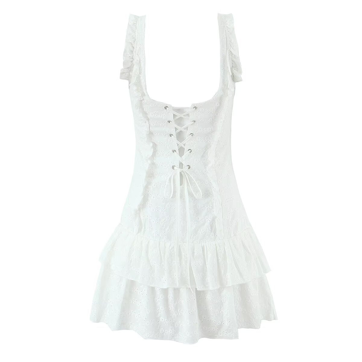 French Tight Fitting Cinched Slimming Lace Design Short Ruffled Sleeveless Mini Dress Aiostar