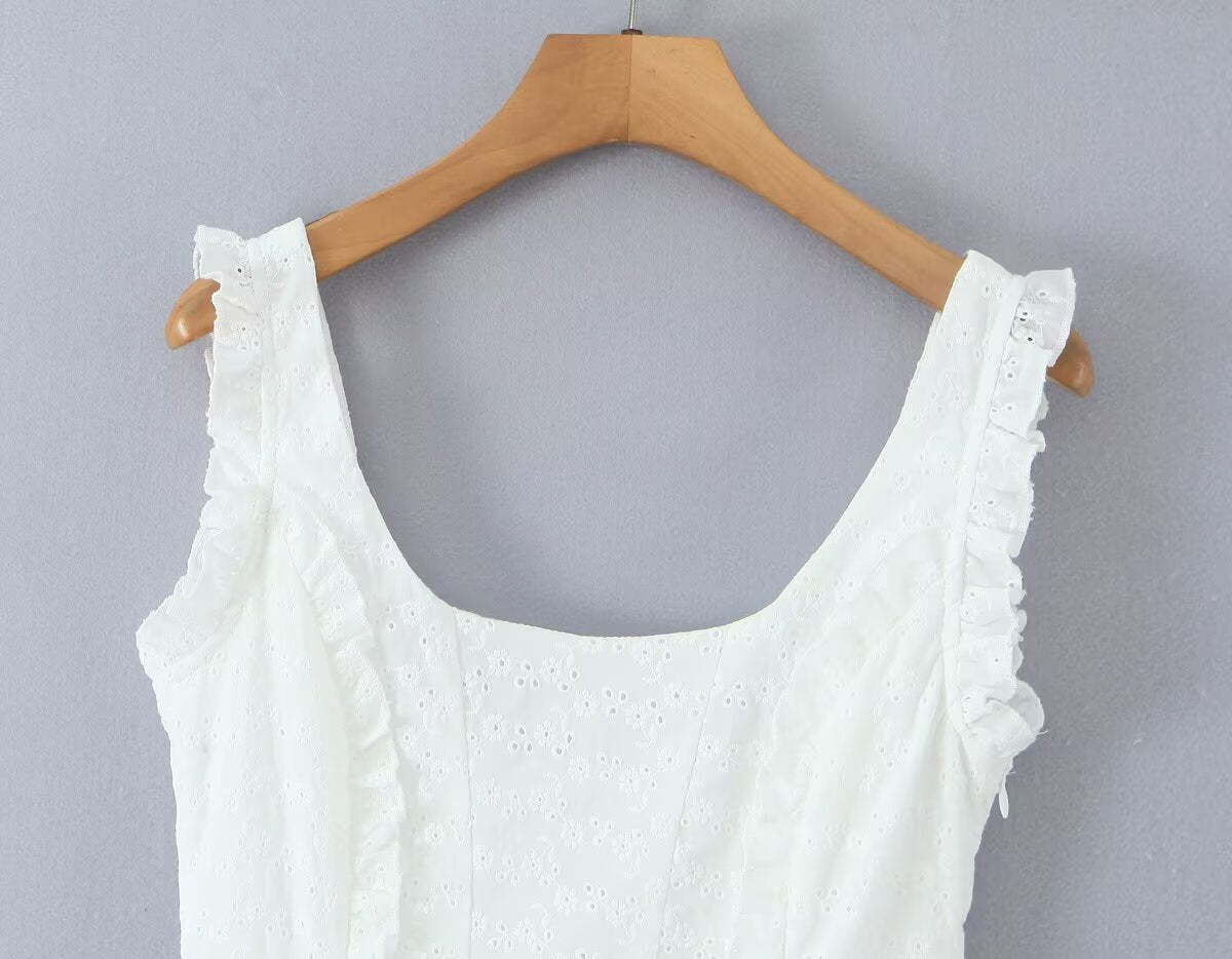 French Tight Fitting Cinched Slimming Lace Design Short Ruffled Sleeveless Mini Dress Aiostar