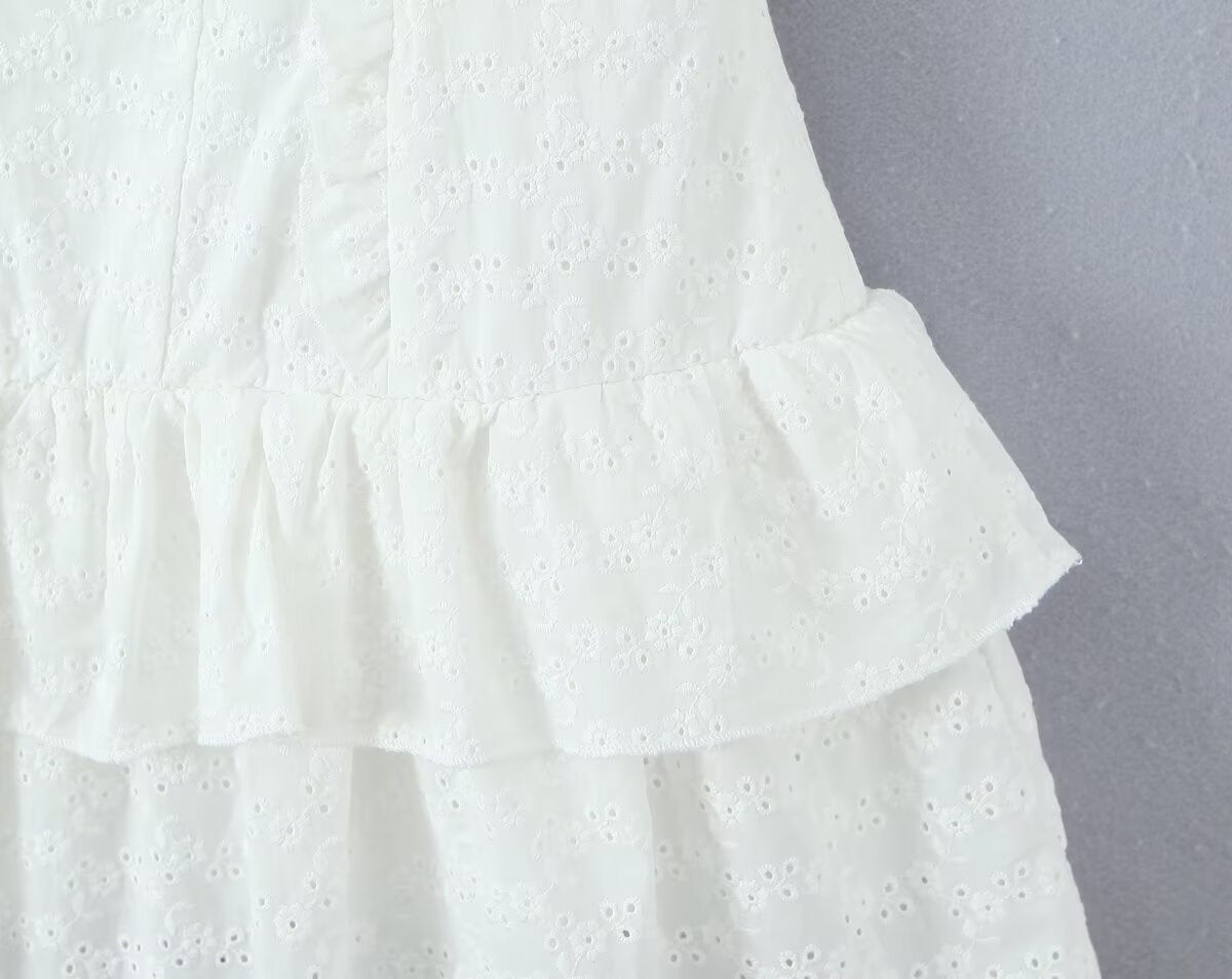 French Tight Fitting Cinched Slimming Lace Design Short Ruffled Sleeveless Mini Dress Aiostar