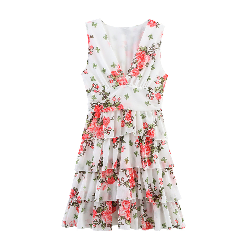 Lady Gold Floral Dress Women Summer Wear V neck Tight Waist Dress Sleeveless Laminated Vest Dress FRIDAY