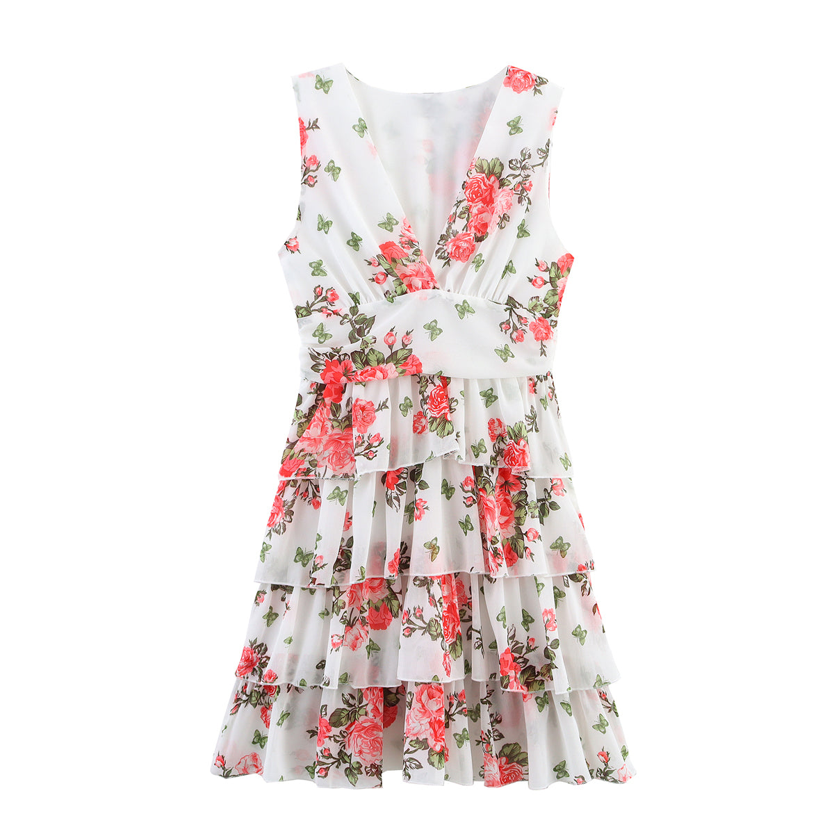 Lady Gold Floral Dress Women Summer Wear V neck Tight Waist Dress Sleeveless Laminated Vest Dress FRIDAY