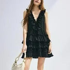 Rayon Ruffled Casual V neck Sleeveless Dress Summer Dress Women YiPin