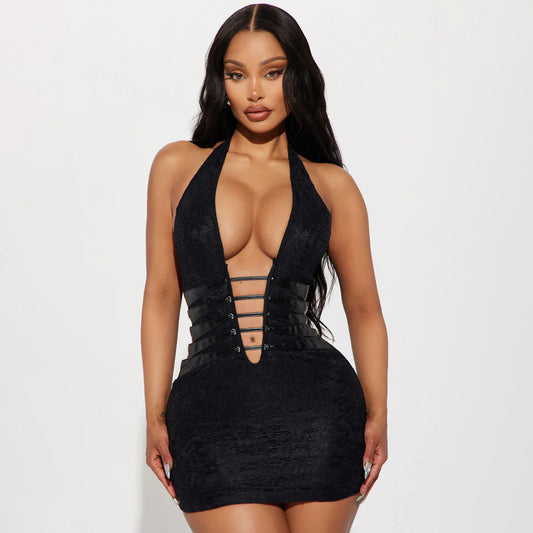 Women Sexy Deep V Plunge Hollow Out Cutout Backless Night Club Halter Sheath Dress