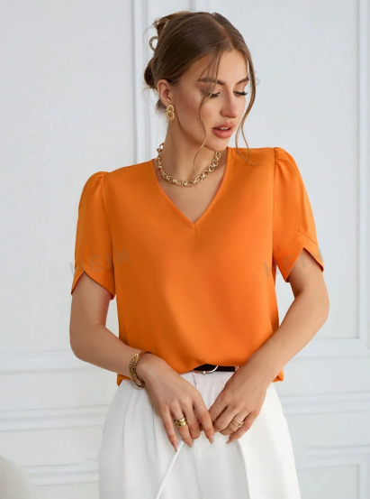 Women T shirt Satin Puff Sleeve Satin V neck Top Casual Women Clothing