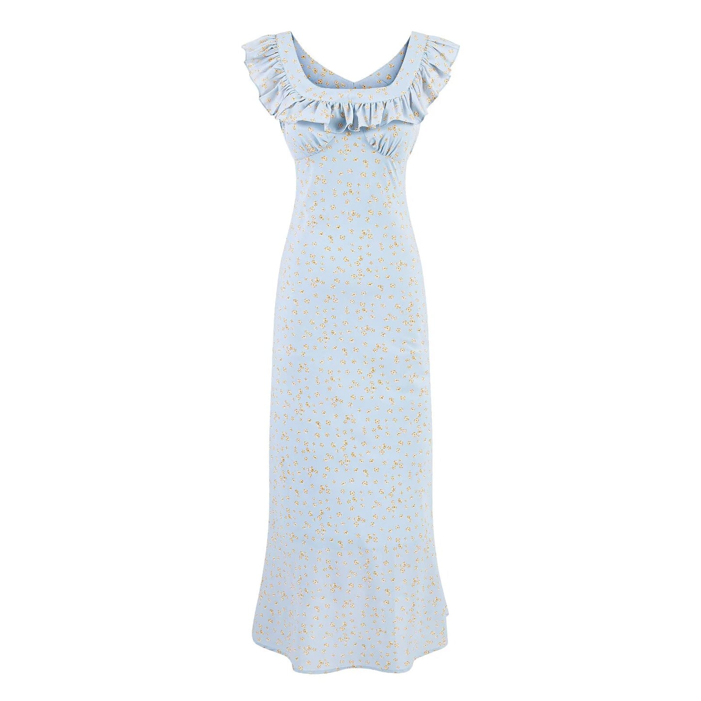 Vintage Floral Mid Length Lace Skirt Sexy Slim Ruffle Collar Summer Vacation Spaghetti Straps Dress PullWind
