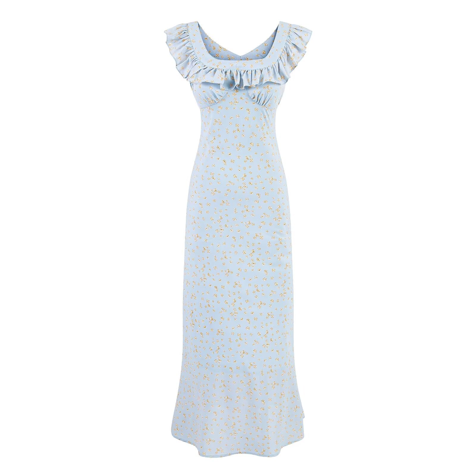 Vintage Floral Mid Length Lace Skirt Sexy Slim Ruffle Collar Summer Vacation Spaghetti Straps Dress PullWind
