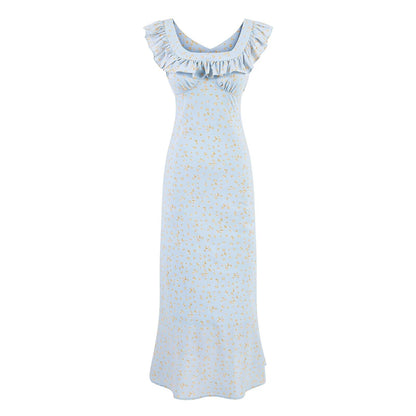 Vintage Floral Mid Length Lace Skirt Sexy Slim Ruffle Collar Summer Vacation Spaghetti Straps Dress PullWind
