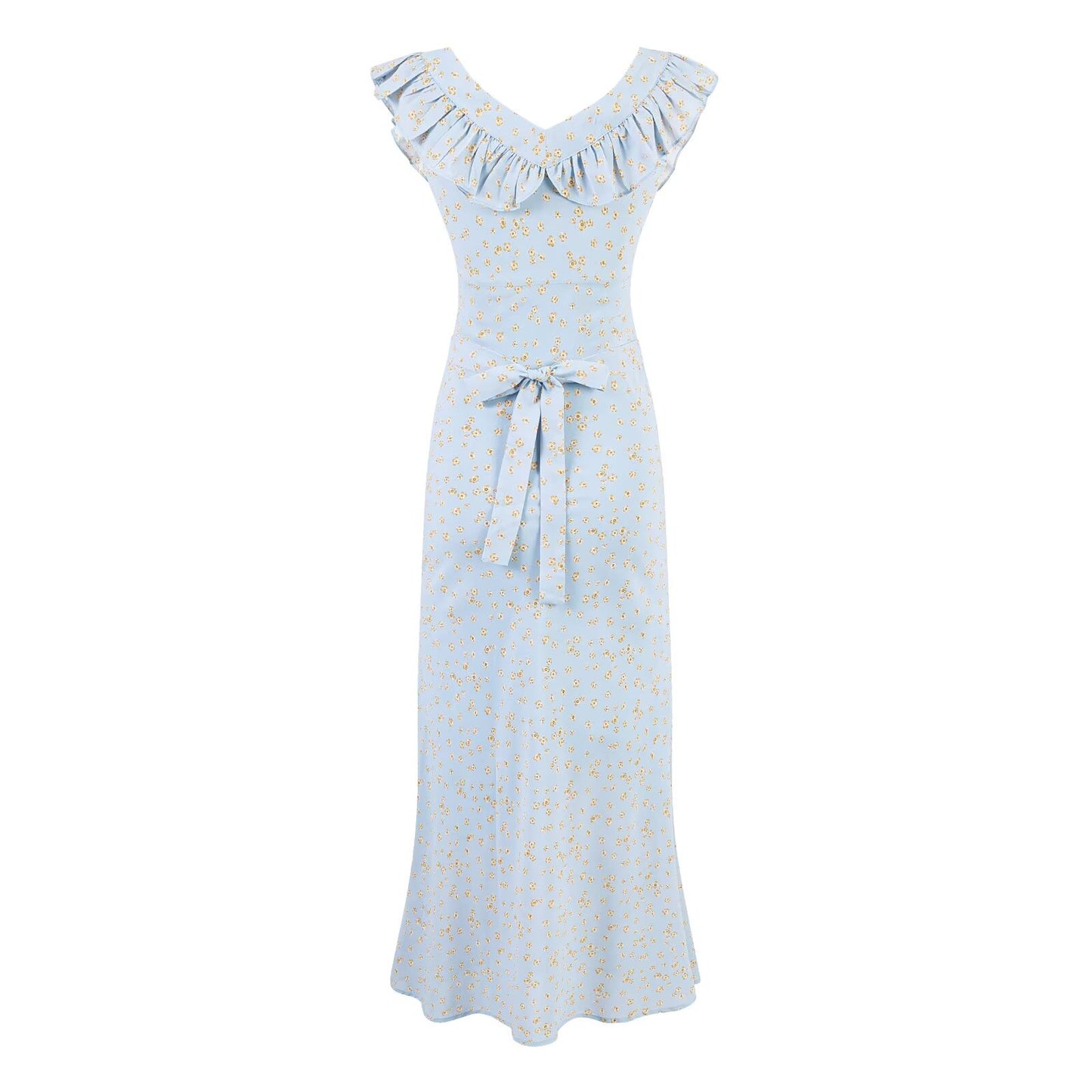 Vintage Floral Mid Length Lace Skirt Sexy Slim Ruffle Collar Summer Vacation Spaghetti Straps Dress PullWind