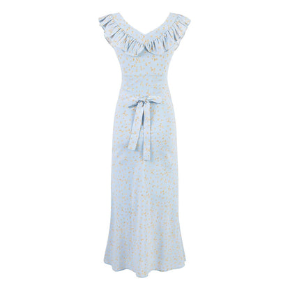 Vintage Floral Mid Length Lace Skirt Sexy Slim Ruffle Collar Summer Vacation Spaghetti Straps Dress PullWind