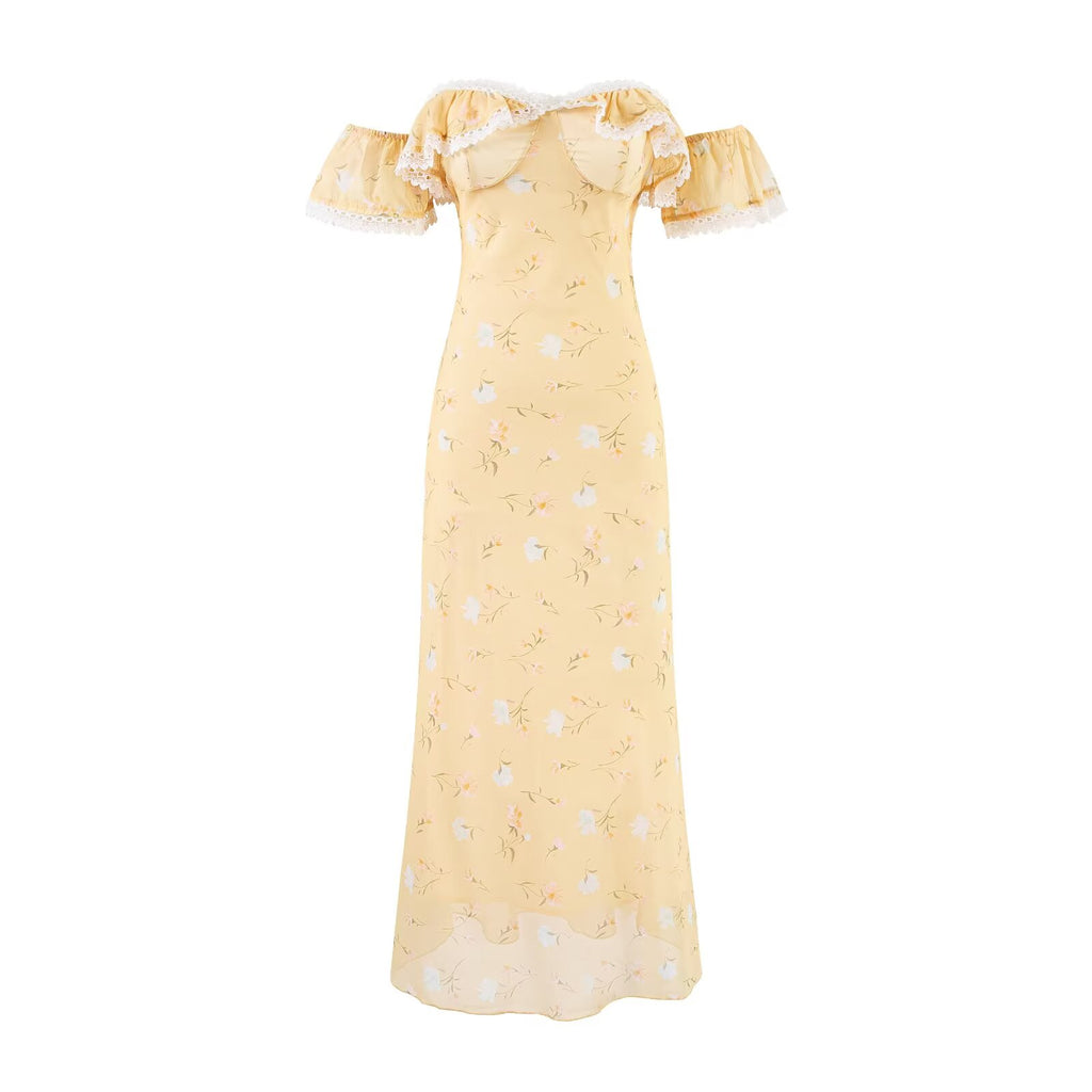 Romantic Gentle Quality Yellow Floral Dress Women Summer Vacation Waist Slimming Lace Long Dress PullWind