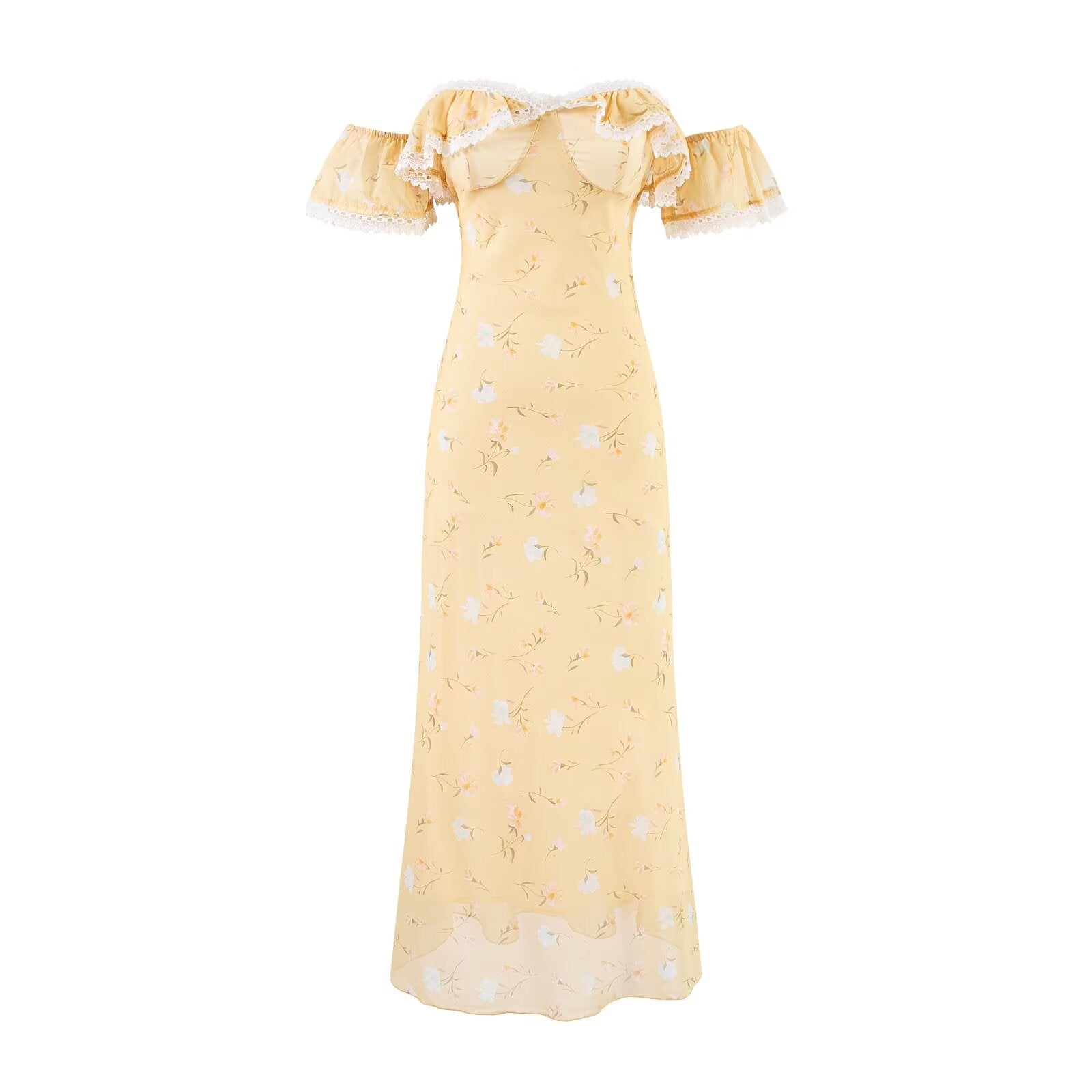 Romantic Gentle Quality Yellow Floral Dress Women Summer Vacation Waist Slimming Lace Long Dress PullWind