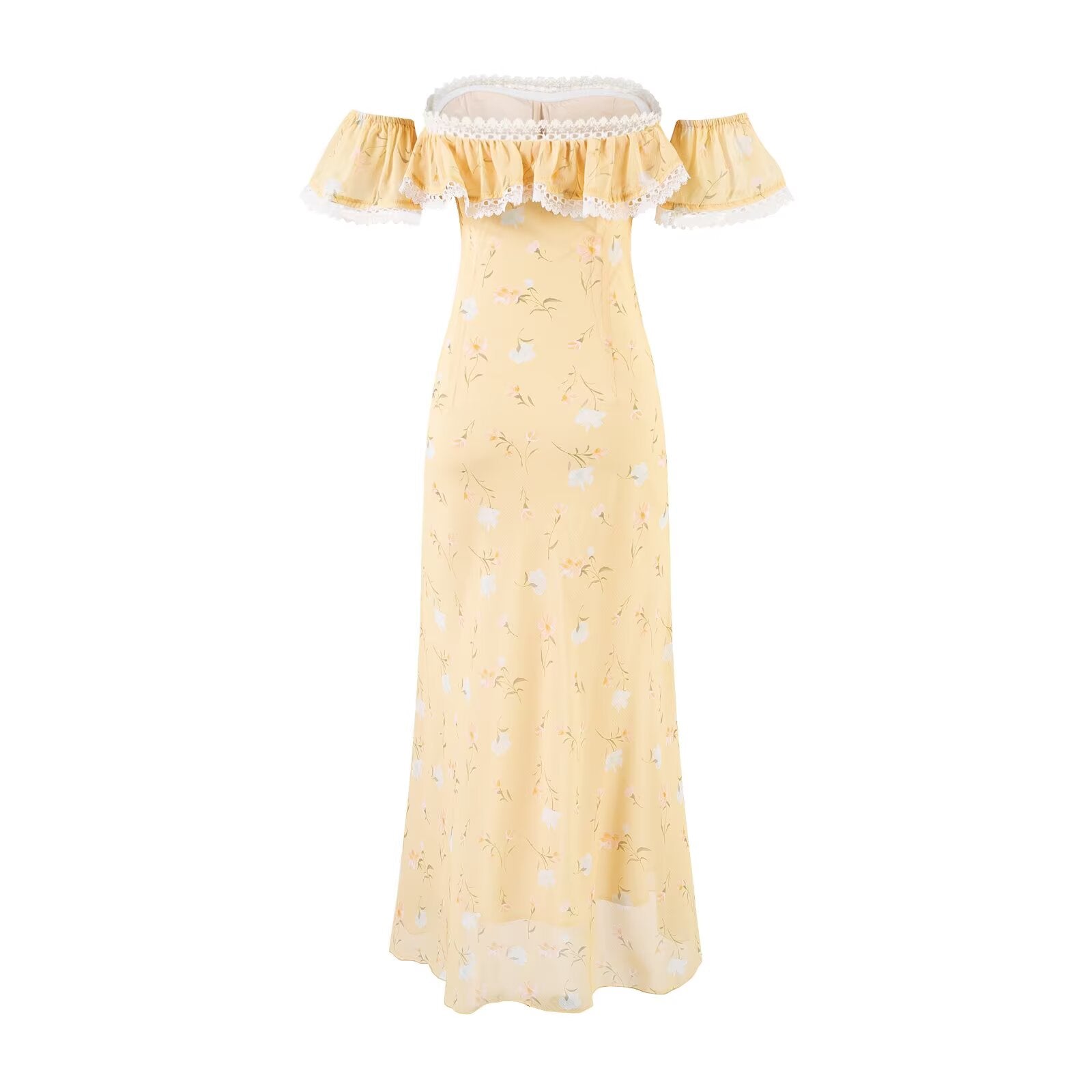 Romantic Gentle Quality Yellow Floral Dress Women Summer Vacation Waist Slimming Lace Long Dress PullWind