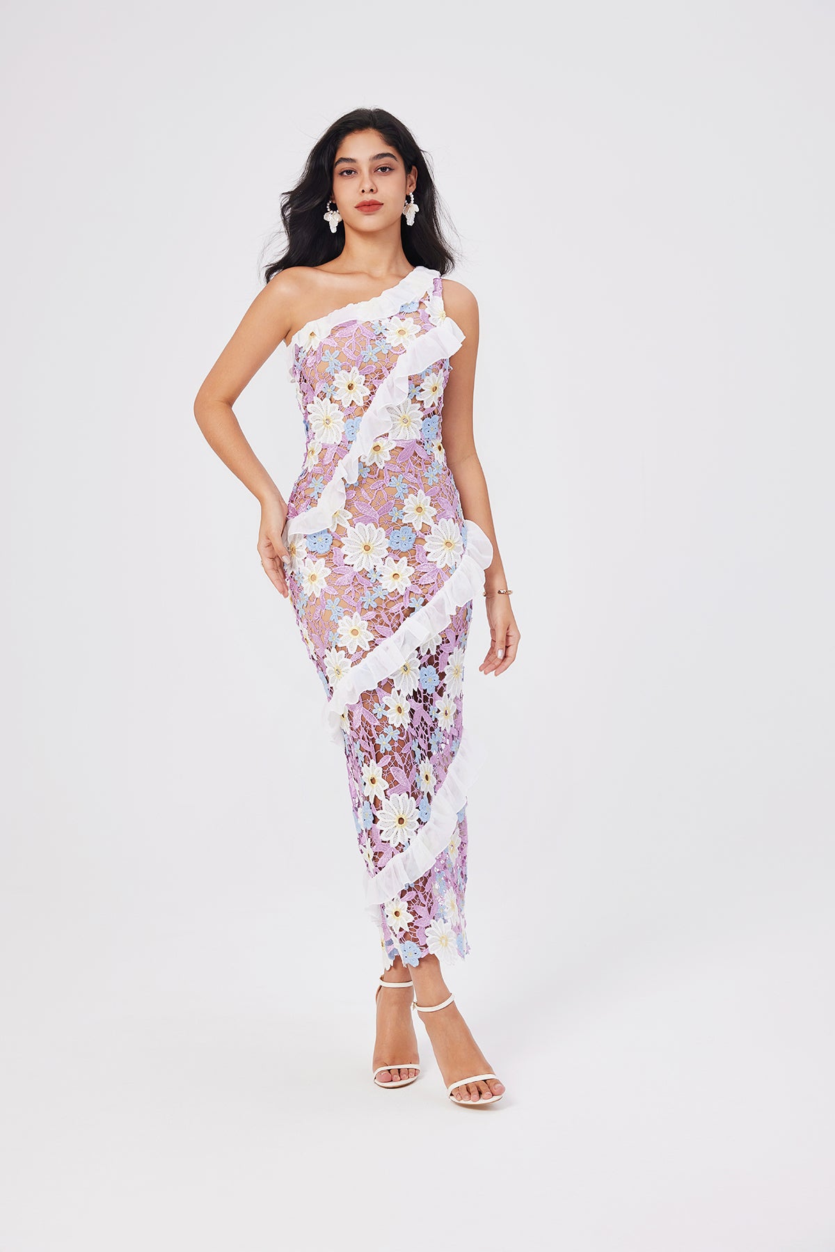 Women Lace One Shoulder Sleeveless Bodycon Dress ESUNG