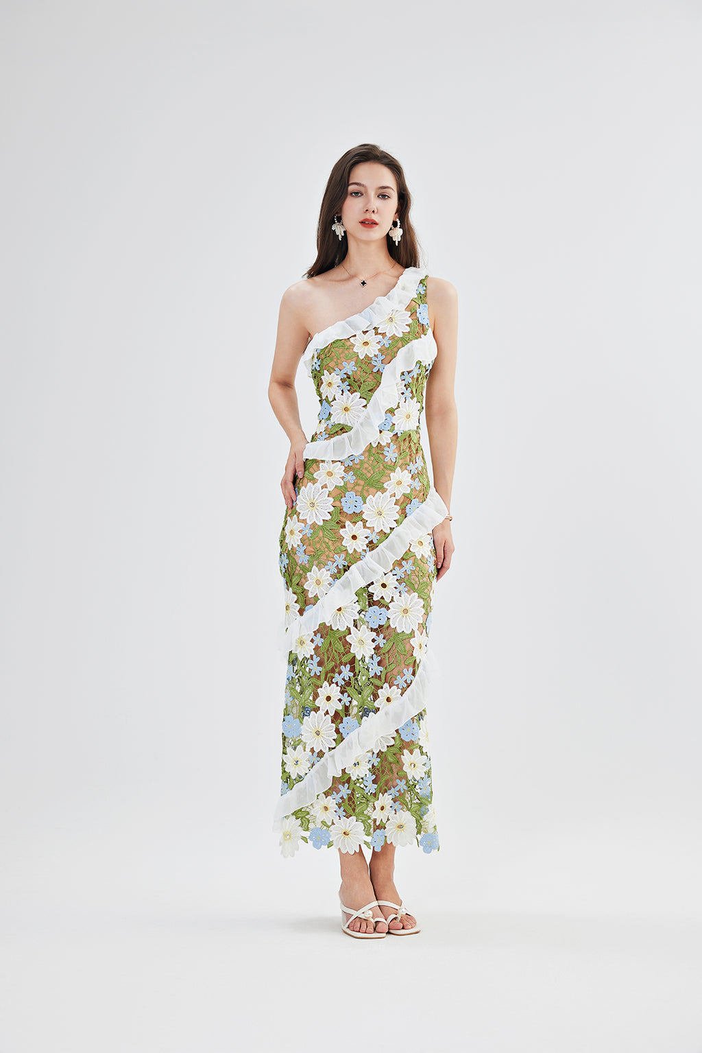 Women Lace One Shoulder Sleeveless Bodycon Dress ESUNG