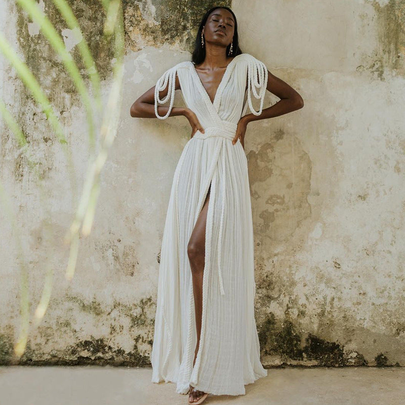 Robe de plage sexy sans bretelles à bretelles, style dos nu, pour femme, idéale pour les vacances printanières.