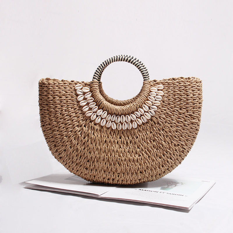 Bolso de paja a juego, bolso de ratán semicircular, bolso tejido, bolso de playa portátil para vacaciones Mori Girl 