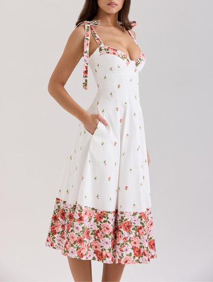 Elegant Sweet Dress Women Summer Printed Lace up Waist Tight Design Cami Dress