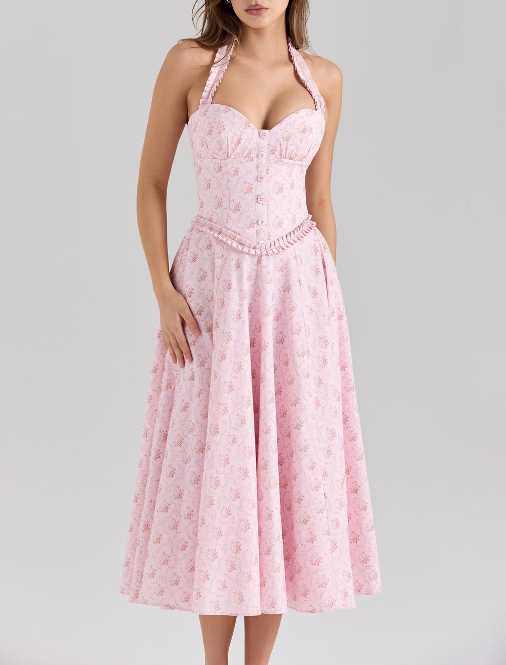 Romantic Sweet Pink Floral Sexy Slimming Beam Waist Backless Halter Dress TinkleBell