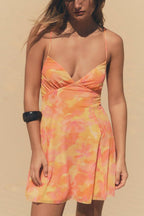 Women lothing Printed Silk Net V neck Sling Short Dress SenDa